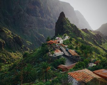 High angle view of buildings and mountains