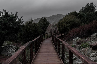 Footbridge amidst trees against sky