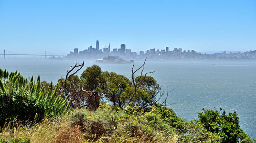 Scenic view of river with city in background