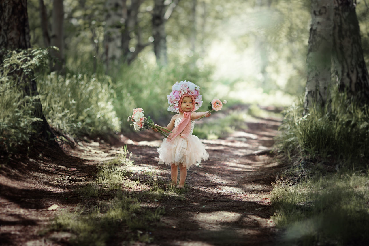 plant, childhood, child, tree, innocence, nature, one person, offspring, forest, full length, selective focus, emotion, day, dress, clothing, land, celebration, outdoors, bouquet, flower arrangement