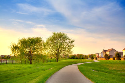 Road amidst trees and buildings against sky during sunset