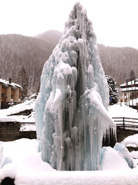 Snow covered statue against trees and mountains against sky