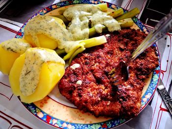 High angle view of food in plate