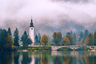 Reflection of trees and buildings in lake