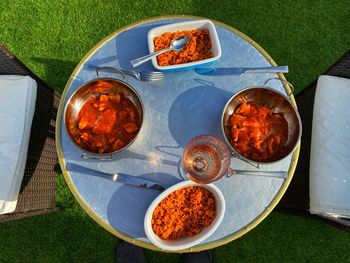 Al fresco dining. high angle view of food on a table.