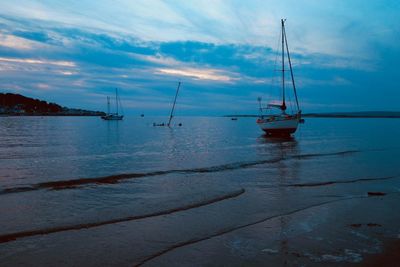 Sailboats sailing in sea against sky