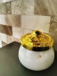 High angle view of drink in glass on table