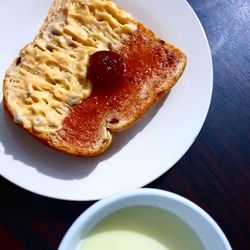 High angle view of breakfast served on table