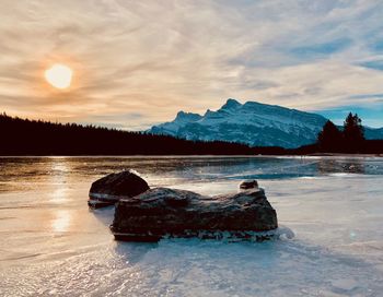 Scenic view of lake against sky during sunset