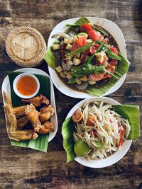 High angle view of food served on table