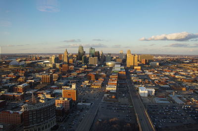 High angle view of cityscape against sky during sunset - kansas city at dusk