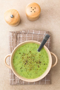 High angle view of soup in bowl on table