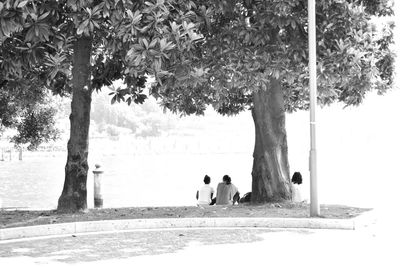 Silhouette people by tree against sky