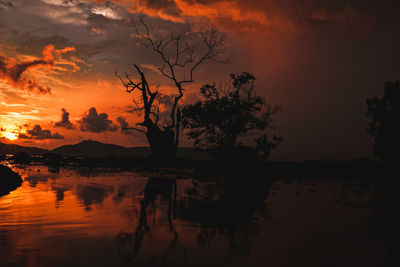 Silhouette person by lake against sky during sunset