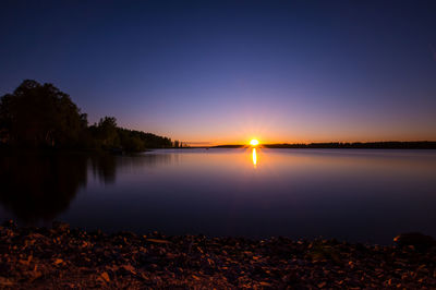 Scenic view of lake against clear sky during sunset