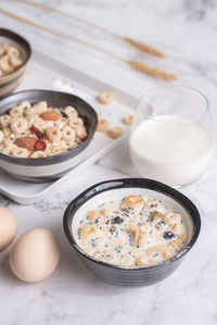 High angle view of breakfast on table