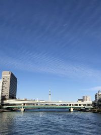 Bridge over river with buildings in background