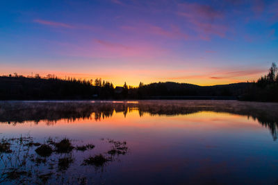 Scenic view of lake against romantic sky at sunset