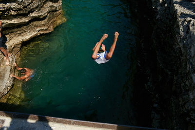 High angle view of person swimming in water