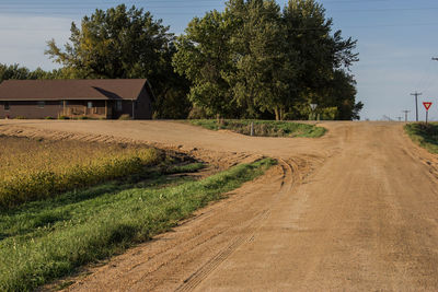 Dirt road amidst field and houses against sky