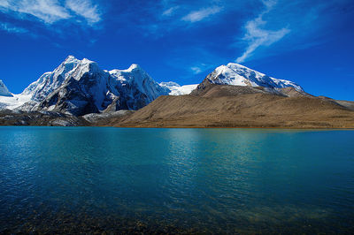 Scenic view of snowcapped mountains against blue sky