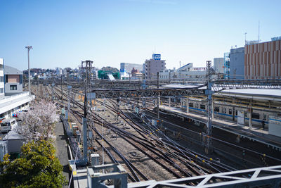 High angle view of cityscape against clear sky