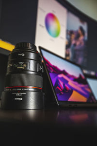 Close-up of camera on table