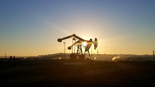 Silhouette crane on field against clear sky during sunset