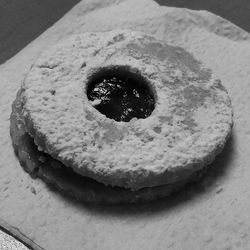 High angle view of cake in plate on table