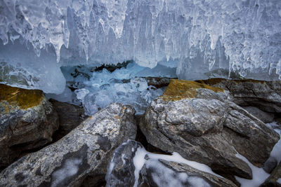 Close-up of snow on rock
