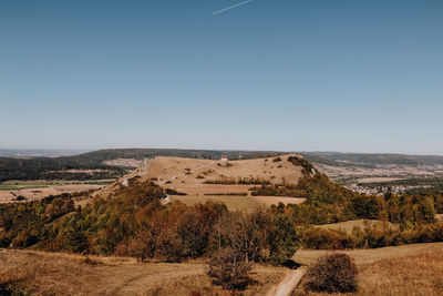 Scenic view of landscape against clear blue sky