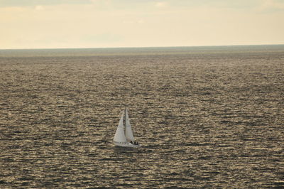 Sailboat sailing in sea against sky