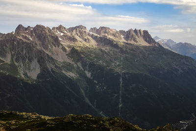 Scenic view of mountains against cloudy sky