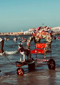 People on boat in sea against clear sky