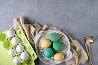 Directly above shot of pills in bowl on table