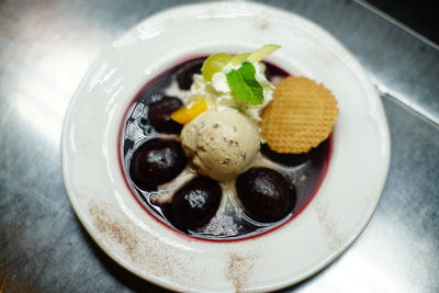 High angle view of dessert in plate on table