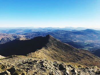 Scenic view of mountains against clear blue sky