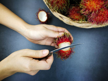 High angle view of woman holding fruit on table