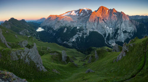 Scenic view of mountains against sky during winter