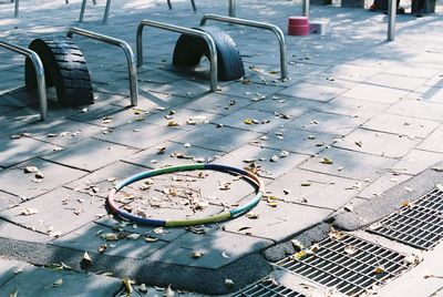 High angle view of bicycles on sidewalk