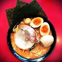 High angle view of breakfast on table