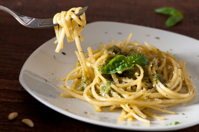 Close-up of noodles served in plate