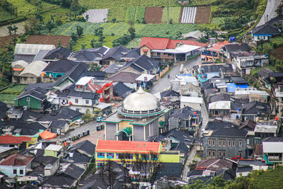 High angle view of village and agriculture