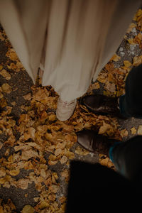 Low section of woman standing on autumn leaves