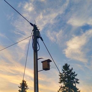 Low angle view of telephone pole against sky at sunset