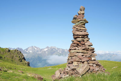 Cairn to indicate the right path in tena valley, huesca province in aragon, pyrenees in spain.