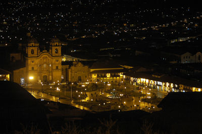 Church in plaza de armas at night