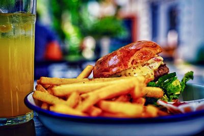 Close-up of food served on table