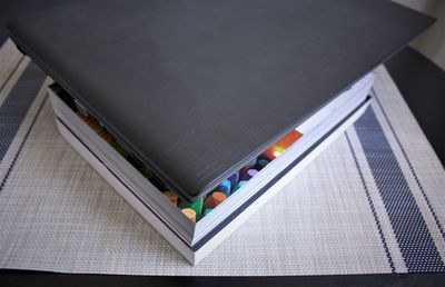 High angle view of multi colored pencils on table