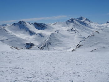 Scenic view of snowcapped mountains against sky